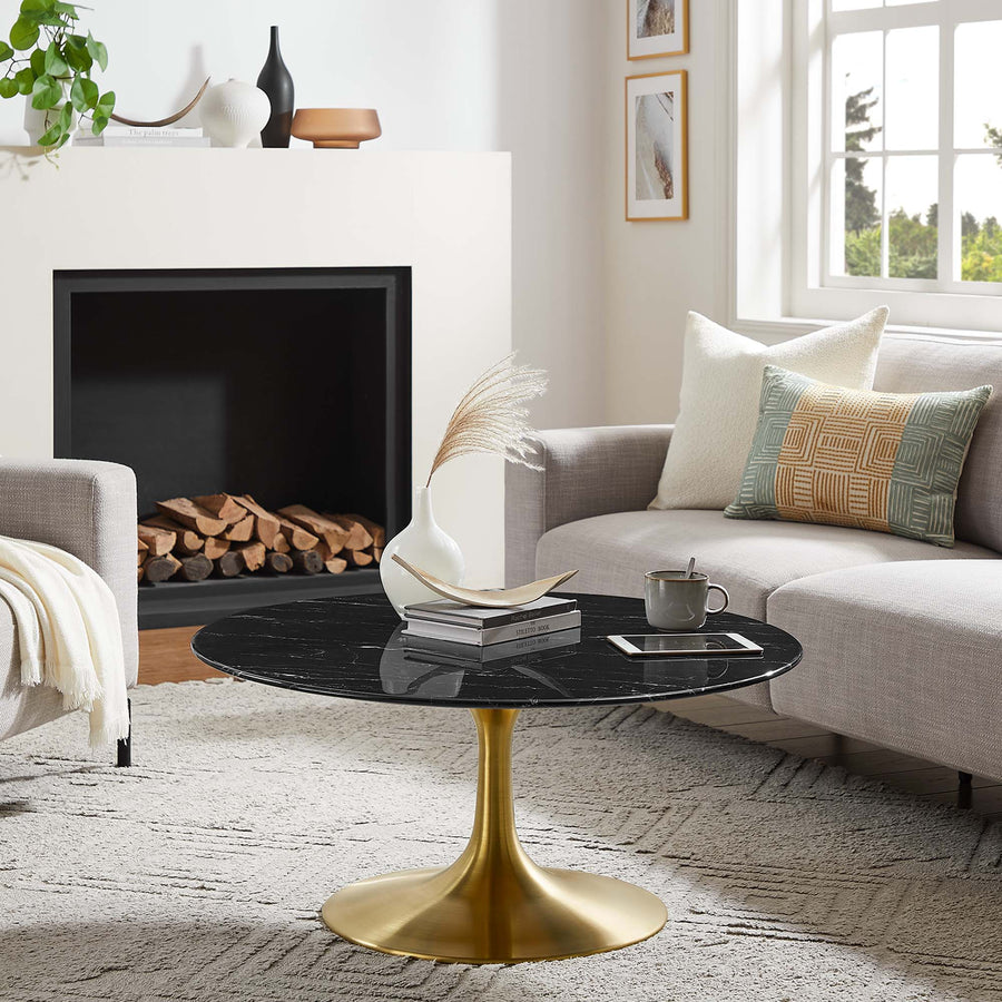 Lumen 36" Round Faux Marble Coffee Table in Gold Black