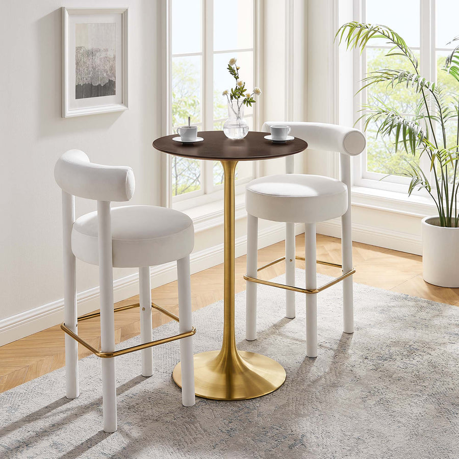 Lumen 28" Round Cherry Walnut Wood Bar Table in Gold Cherry Walnut
