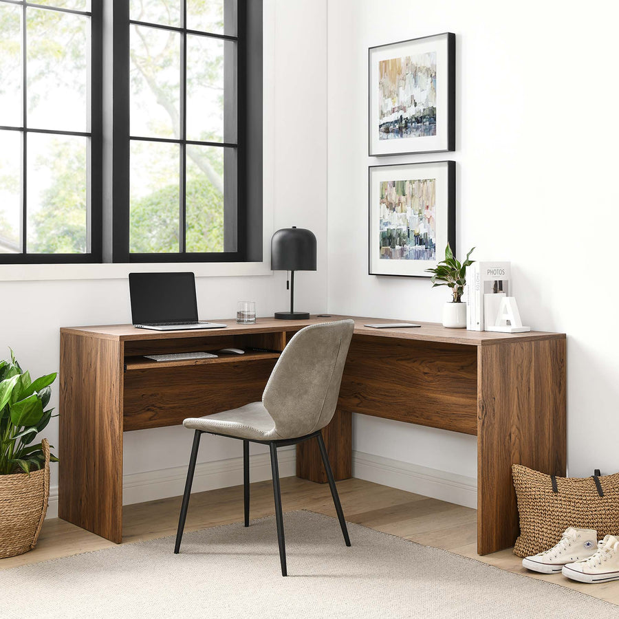 Mariefred L-Shaped Wood Office Desk in Walnut