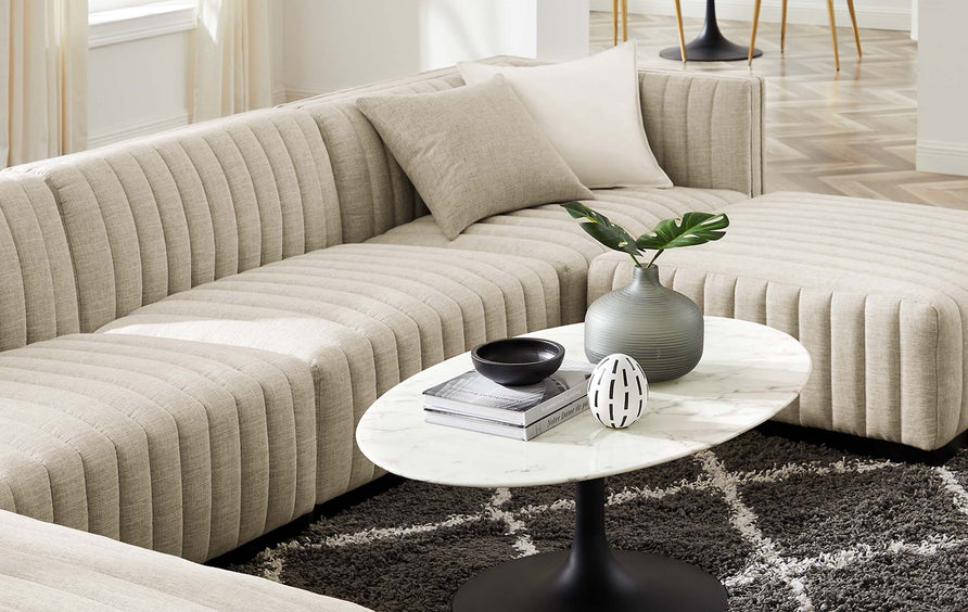 Olive 6-Piece Channel Tufted Upholstered Fabric Sectional Sofa in Black Beige