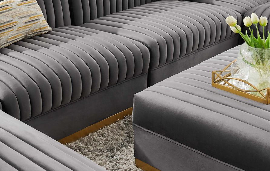 Soren 7-Piece Channel Tufted Performance Velvet Right-Facing Modular Sectional Sofa in Gray
