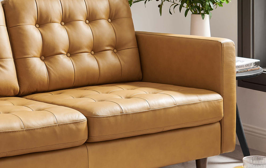 Nerissa Tufted Leather Loveseat in Tan