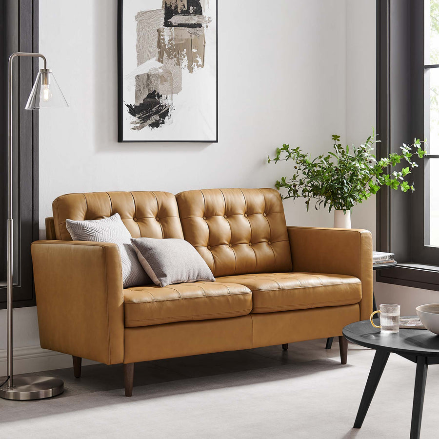 Nerissa Tufted Leather Loveseat in Tan
