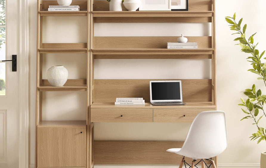 Finch 2-Piece Wood Office Desk and Bookshelf in Oak
