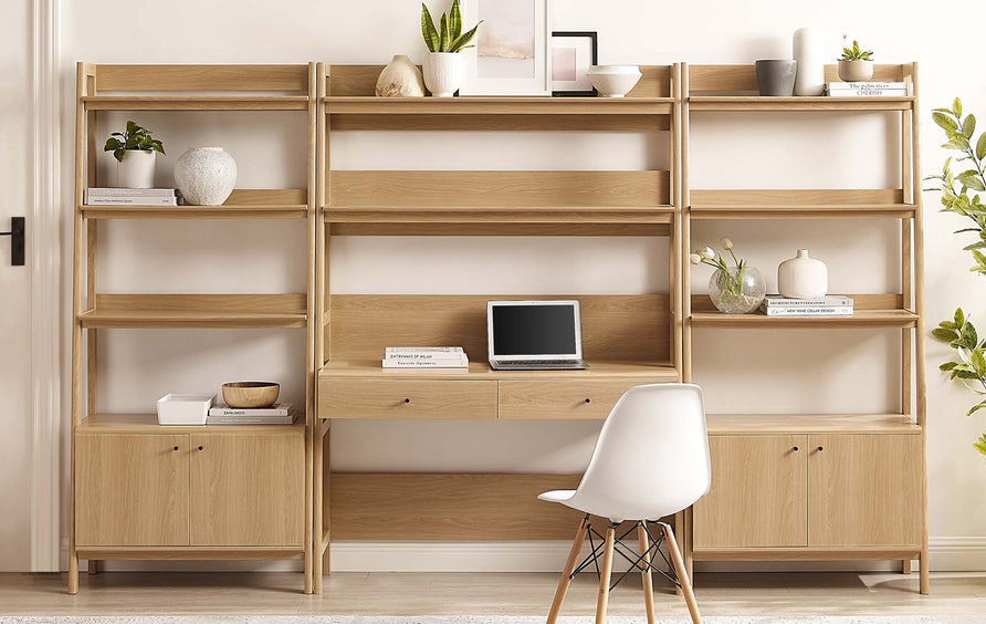 Finch 3-Piece Wood Office Desk and Bookshelf in Oak