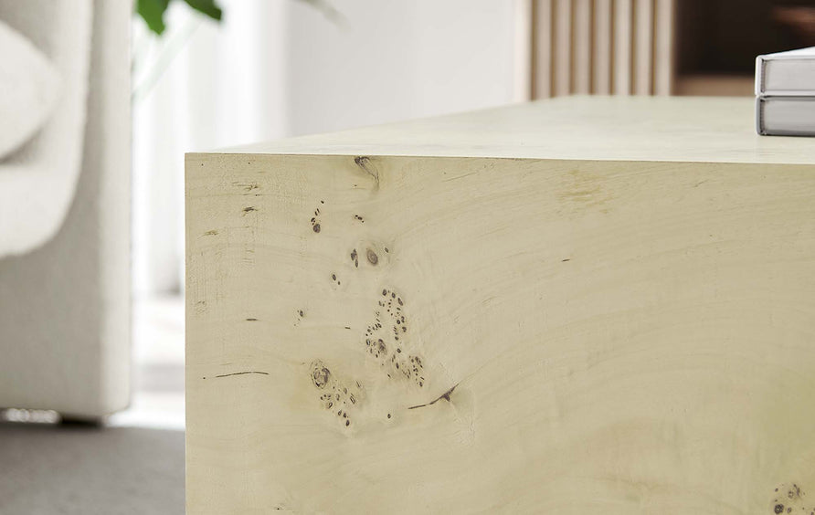 Gable 36" Square Burl Wood Coffee Table in Bleached Burl