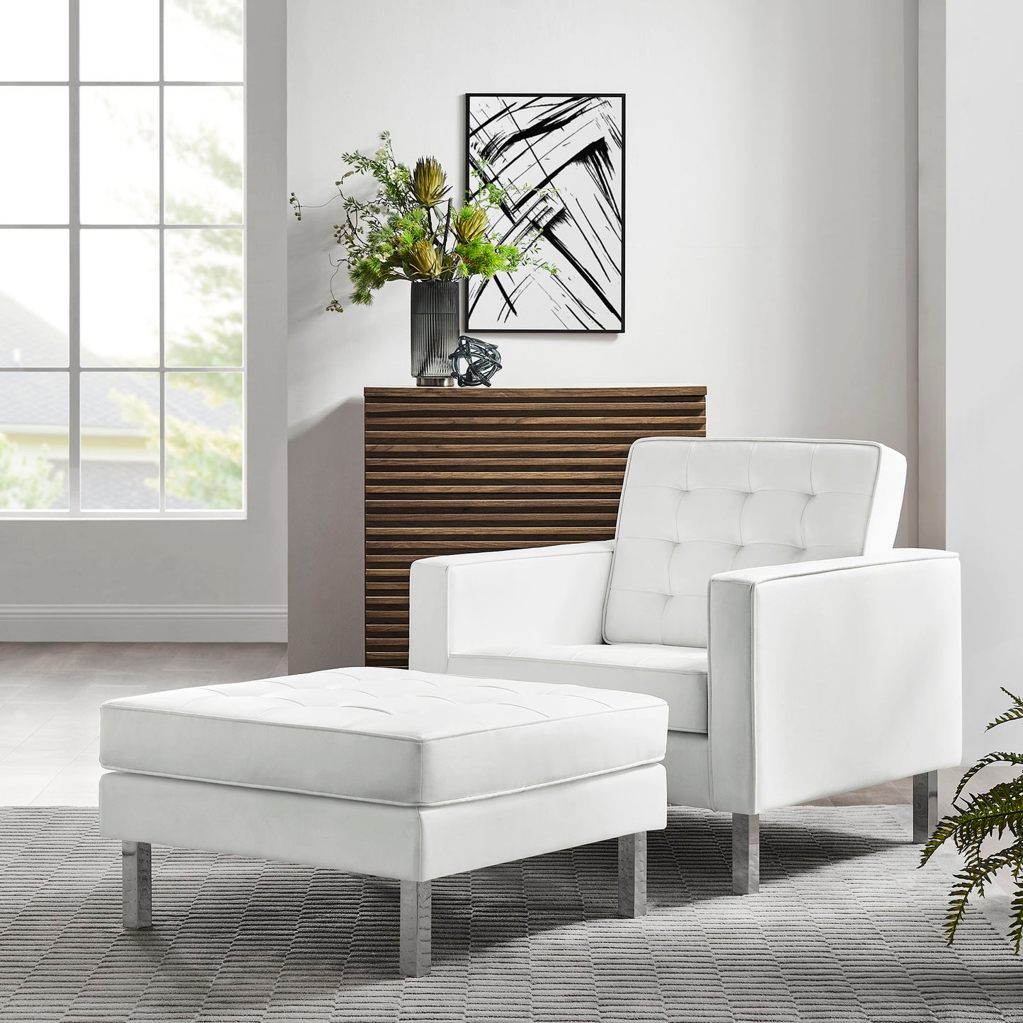 Mesa Tufted Vegan Leather Armchair and Ottoman Set in Silver White