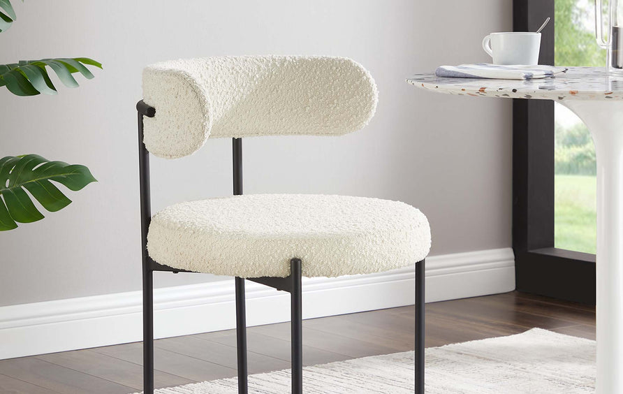 Wheat Boucle Fabric Dining Chairs Set of 2 in Ivory Black