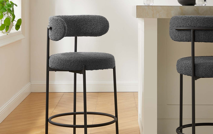 Wheat Boucle Fabric Counter Stools Set of 2 in Charcoal Black
