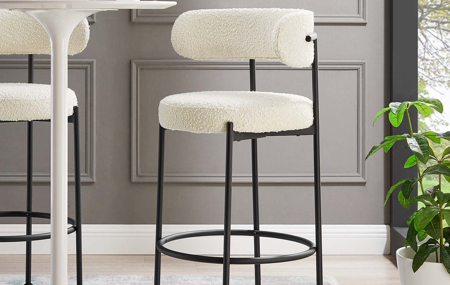 Wheat Boucle Fabric Bar Stools Set of 2 in Ivory Black