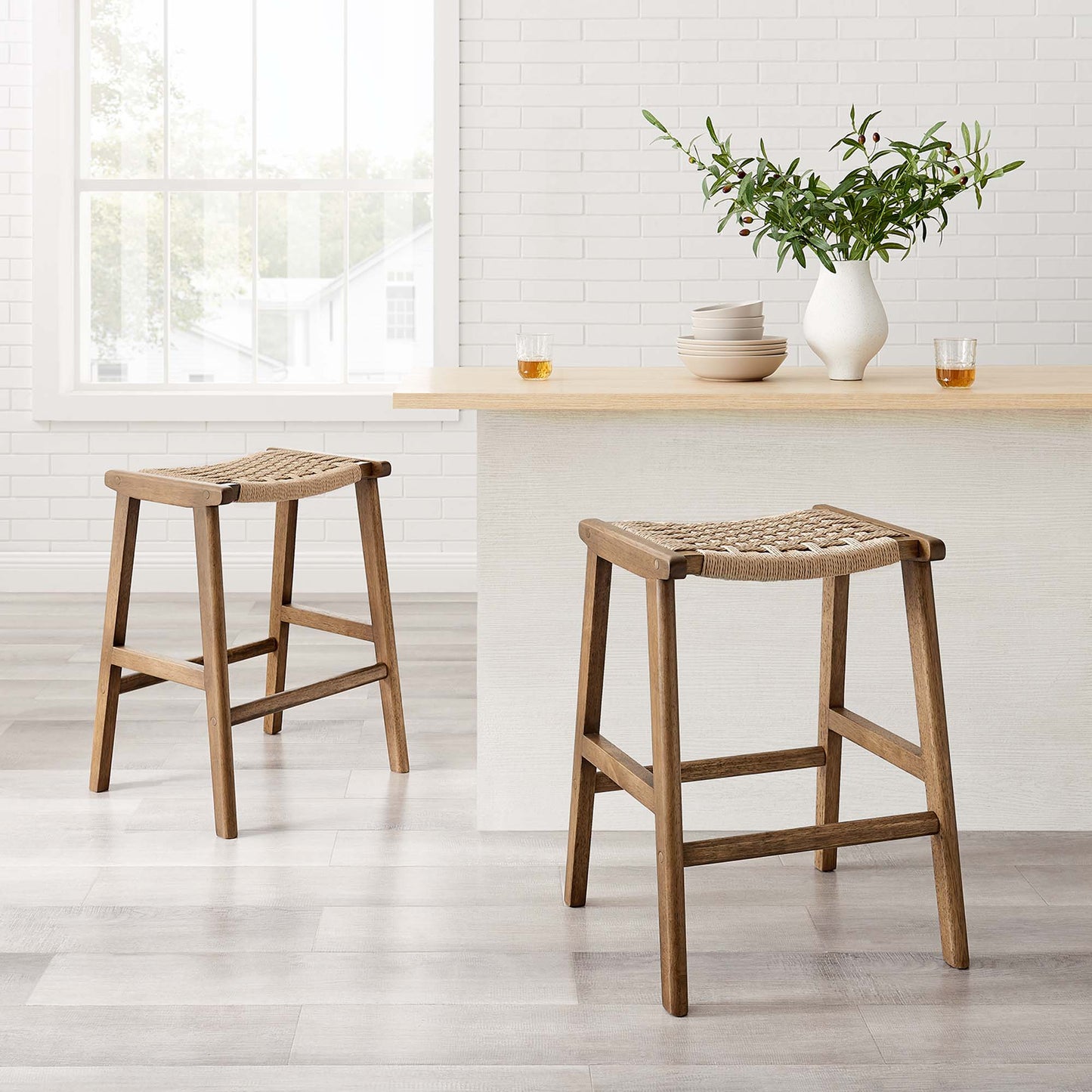 Aurora Woven Rope Wood Counter Stool Set of 2 in Walnut Natural