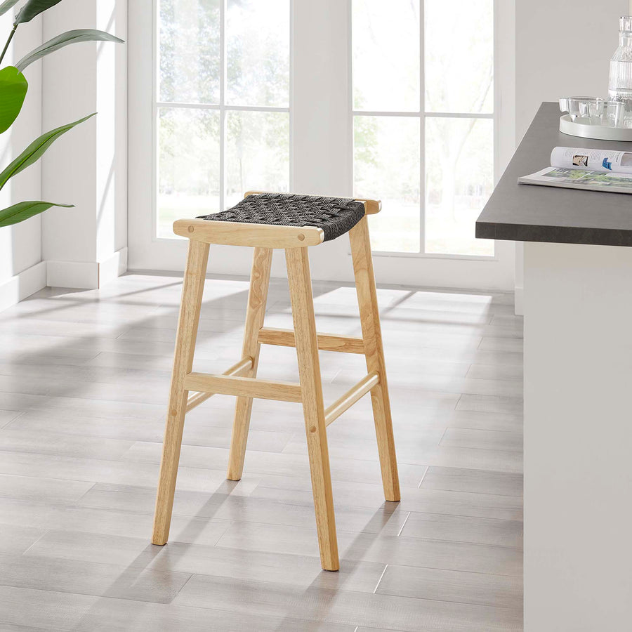 Aurora Woven Rope Wood Bar Stool Set of 2 in Natural Black