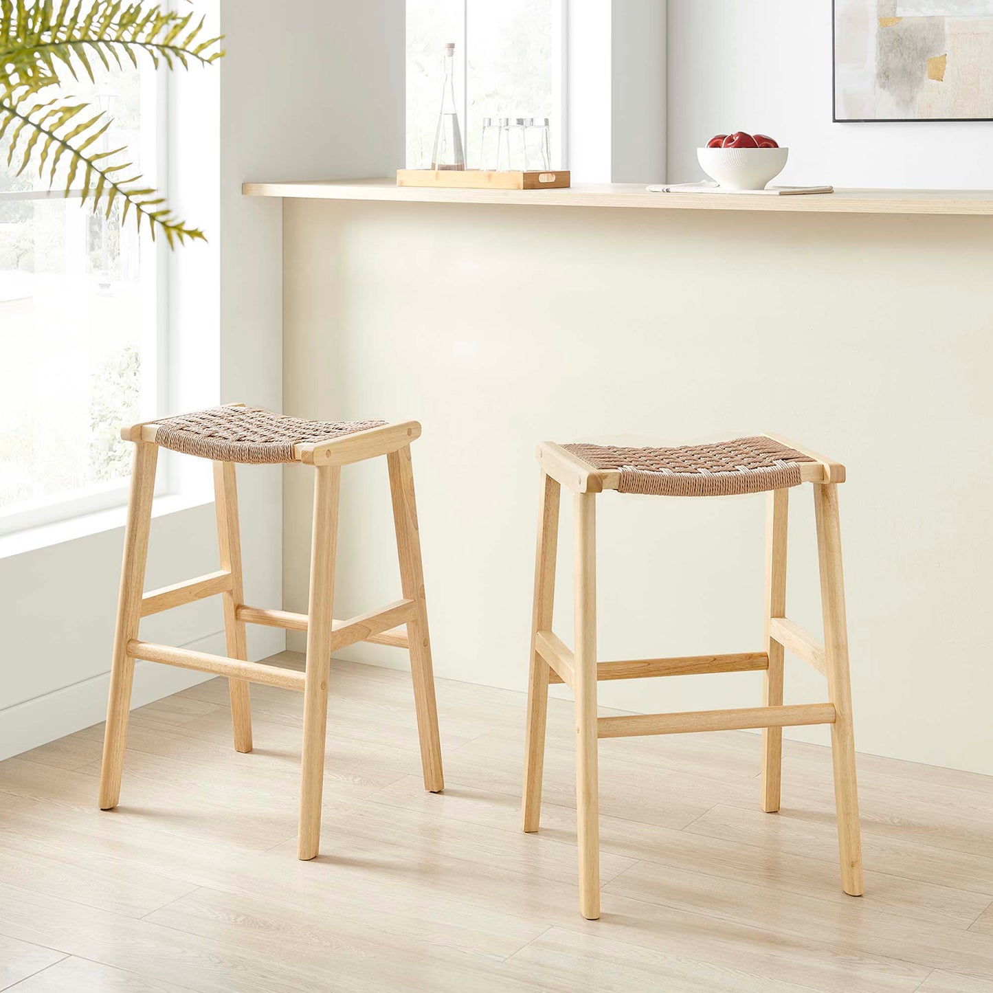 Aurora Woven Rope Wood Bar Stool Set of 2 in Natural Natural