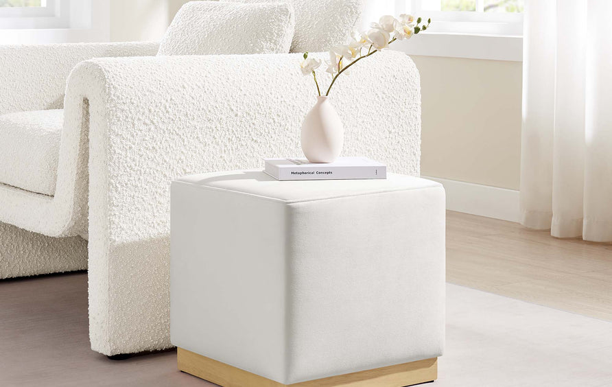 Maple 17" Square Performance Velvet Upholstered Ottoman in Alabaster Natural