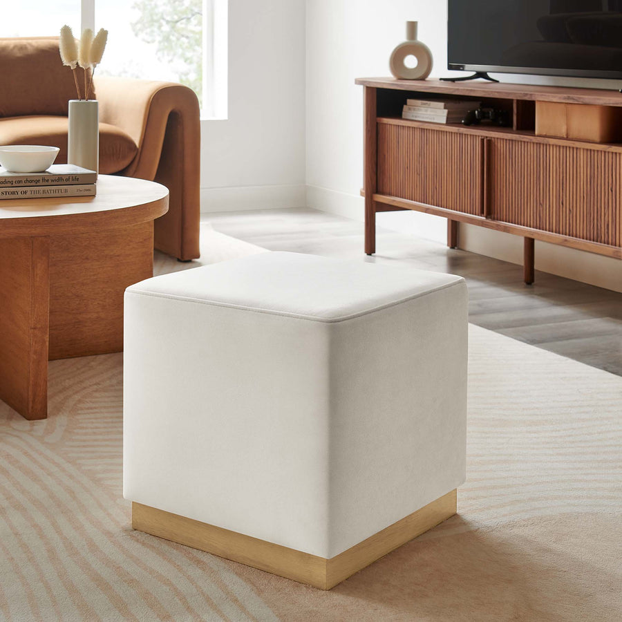 Maple 17" Square Performance Velvet Upholstered Ottoman in Alabaster Natural