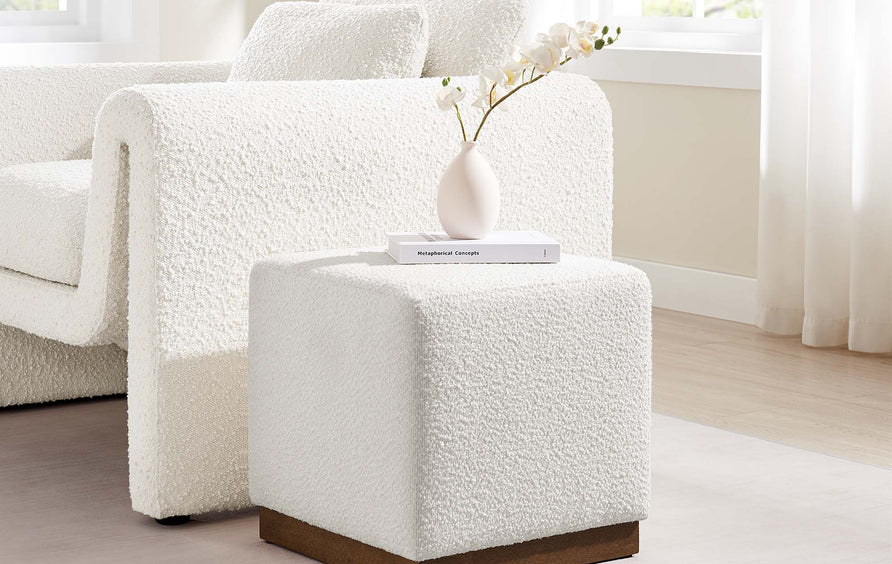 Maple 17" Square Boucle Upholstered Ottoman in Cloud Walnut