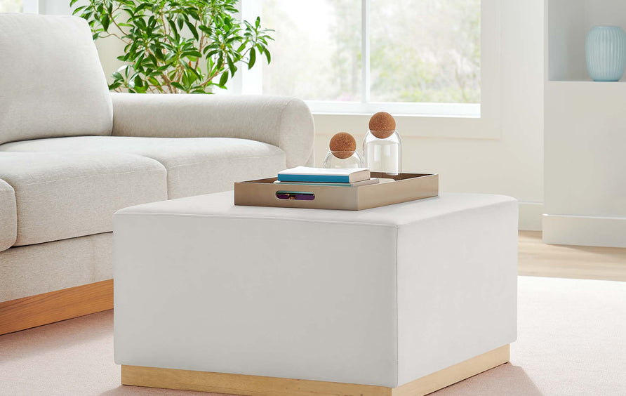 Maple Large 28" Square Performance Velvet Upholstered Ottoman in Alabaster Natural