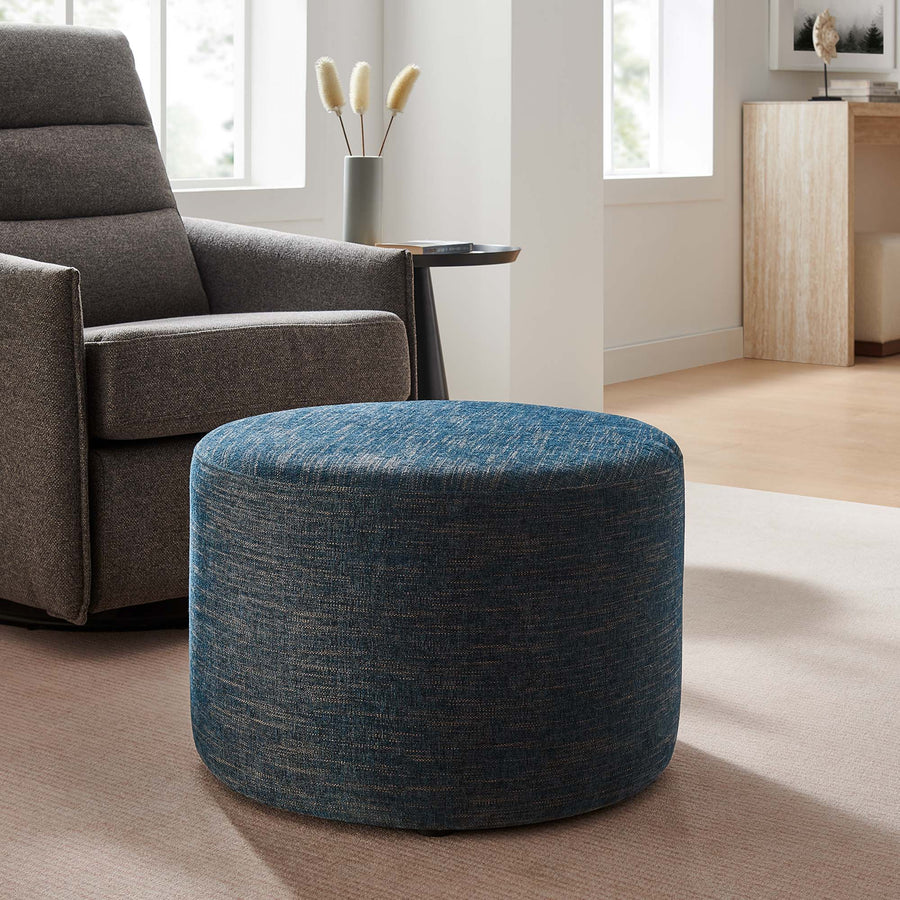 Oren Large 23" Round Woven Heathered Fabric Upholstered Ottoman in Heathered Weave Azure