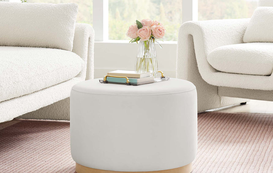 Maple Large 23" Round Performance Velvet Upholstered Ottoman in Alabaster Natural