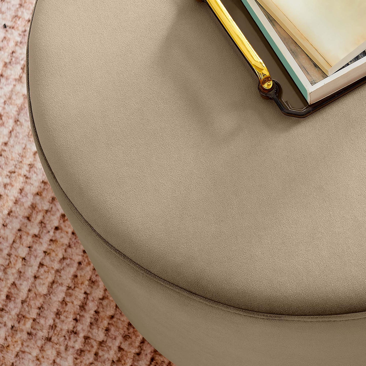 Maple Large 23" Round Performance Velvet Upholstered Ottoman in Taupe Natural