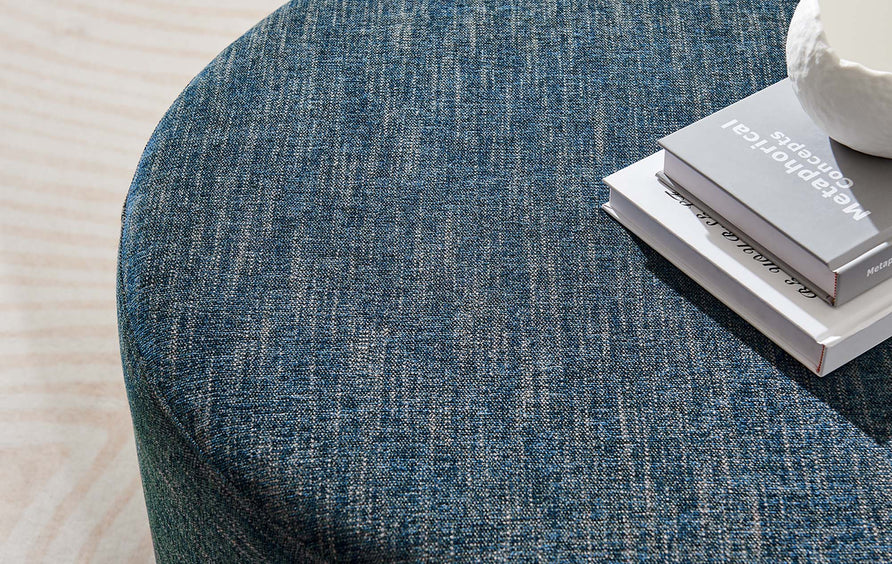 Oren Large 29" Round Woven Heathered Fabric Upholstered Ottoman in Heathered Weave Azure