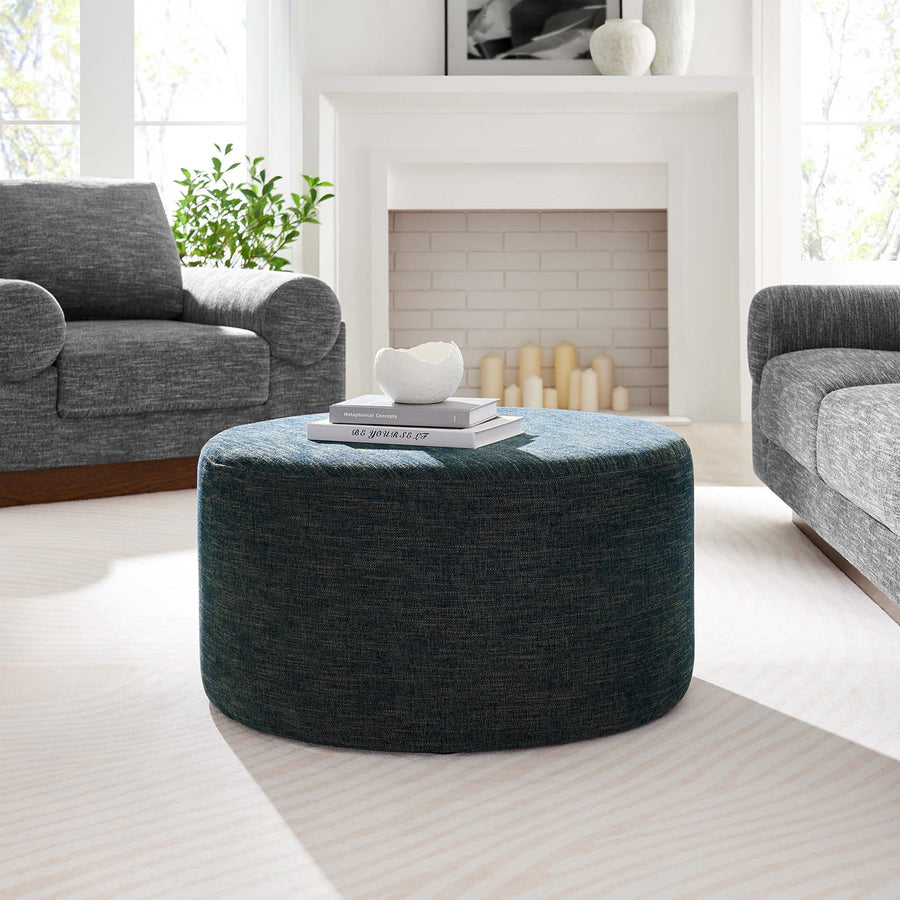 Oren Large 29" Round Woven Heathered Fabric Upholstered Ottoman in Heathered Weave Azure