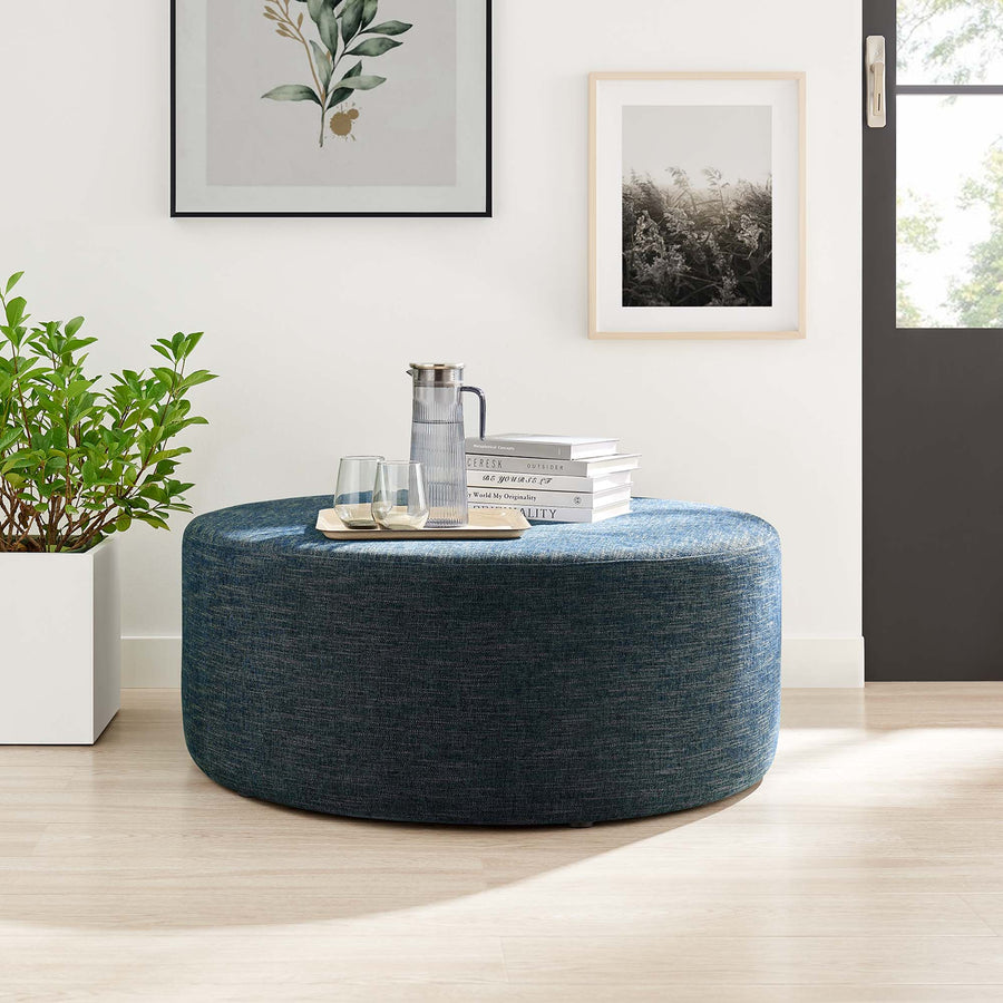Oren Large 38" Round Woven Heathered Fabric Upholstered Ottoman in Heathered Weave Azure