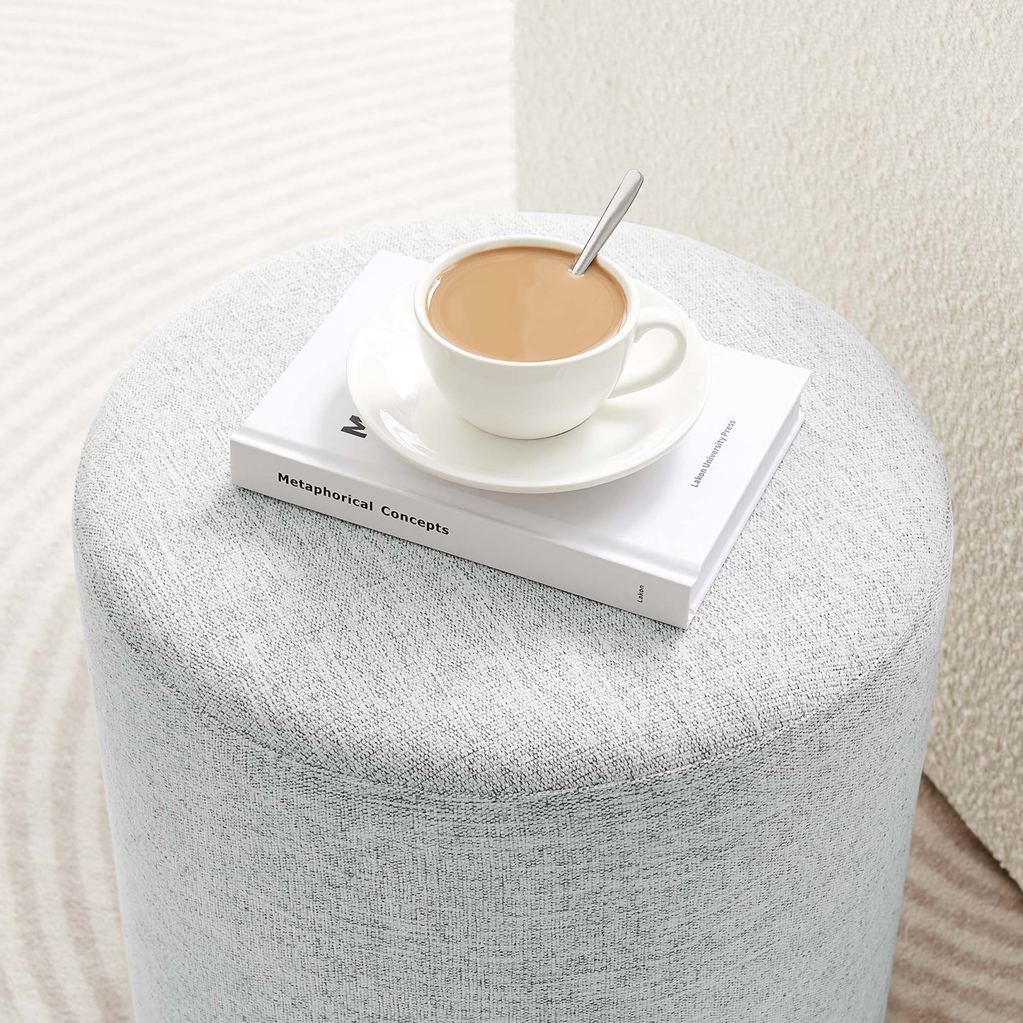 Oren 16" Round Woven Heathered Fabric Upholstered Ottoman in Heathered Weave Light Gray