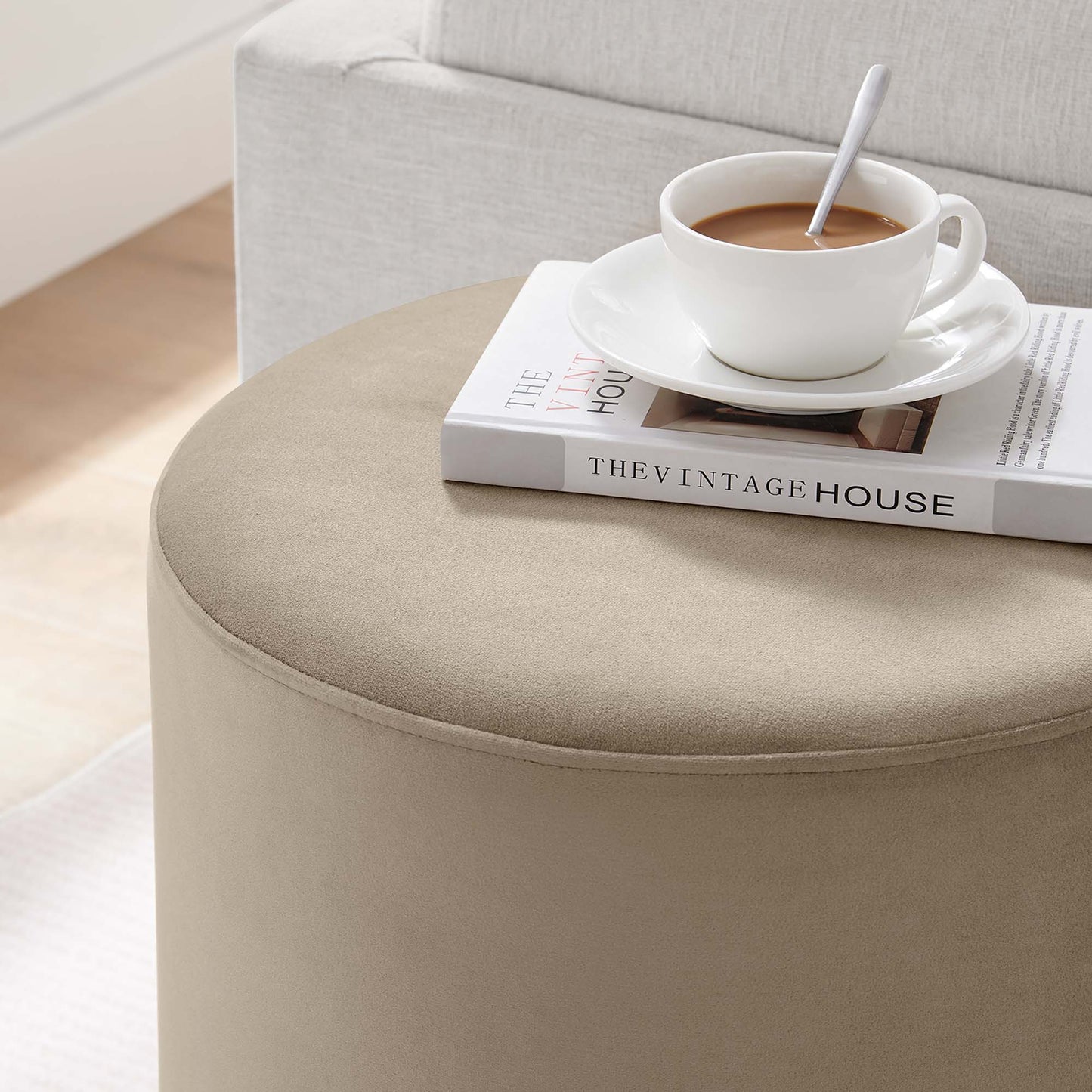 Maple 16" Round Performance Velvet Upholstered Ottoman in Taupe Natural
