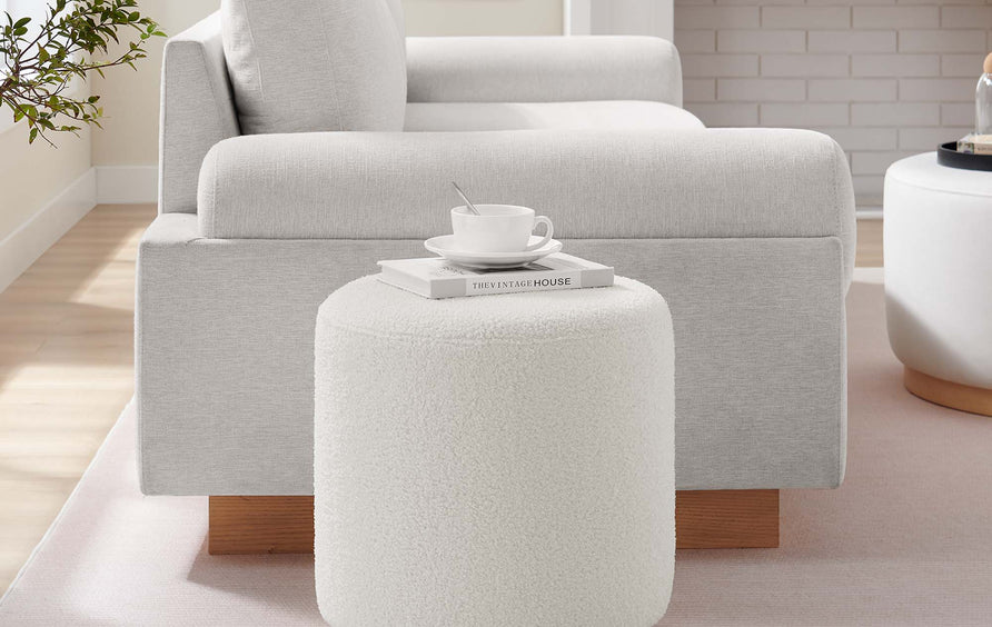 Maple 16" Round Sherpa Upholstered Ottoman in Ivory Natural