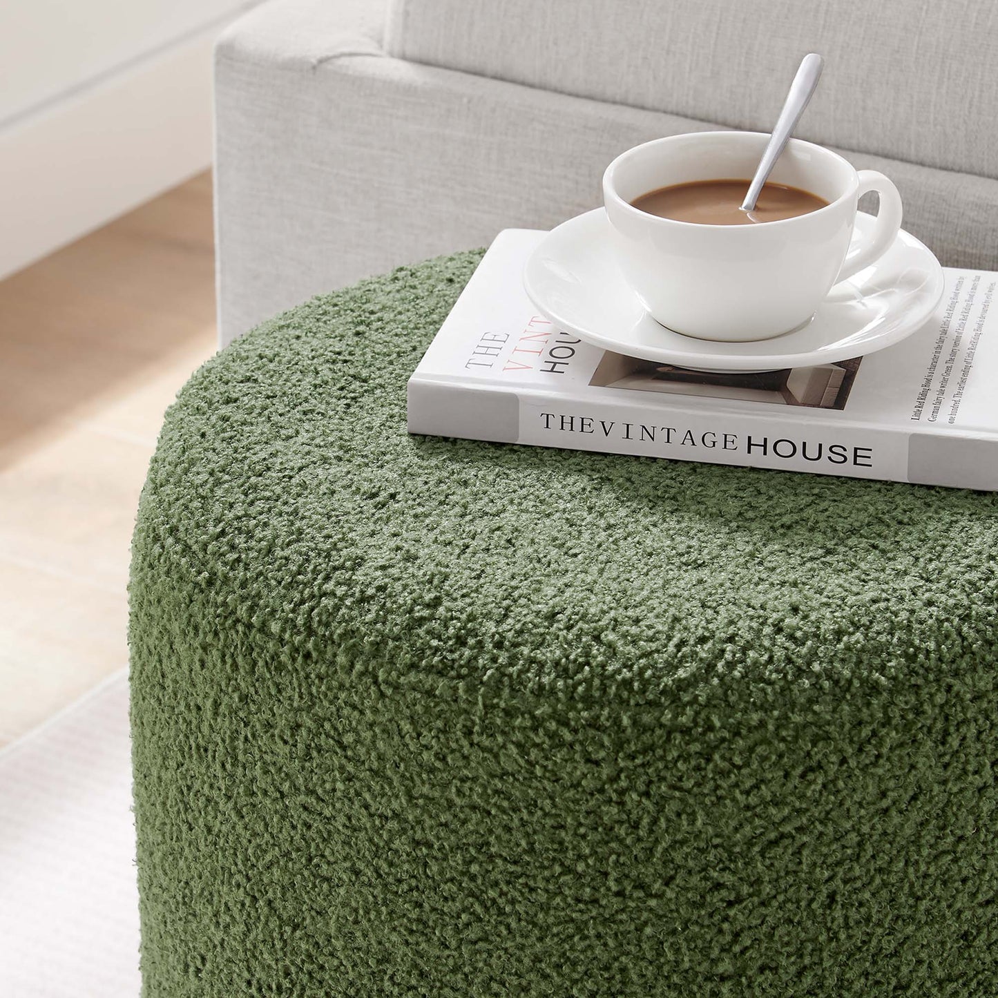 Maple 16" Round Sherpa Upholstered Ottoman in Moss Green Natural