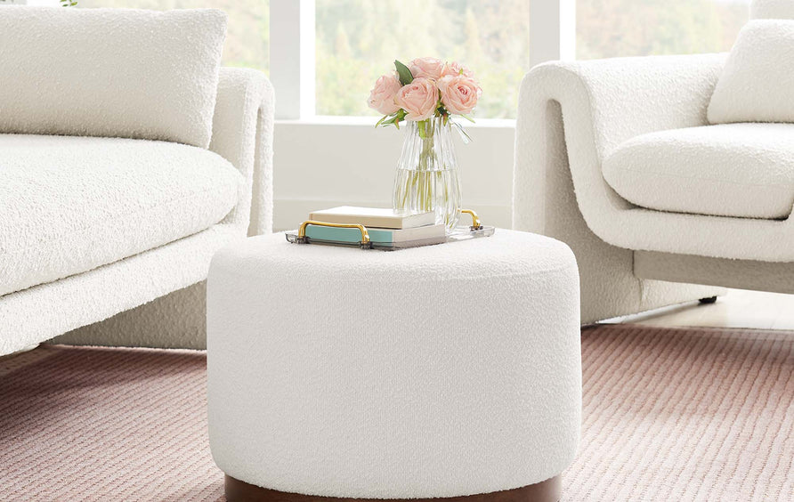 Maple Large 23" Round Boucle Upholstered Upholstered Ottoman in Cloud Walnut