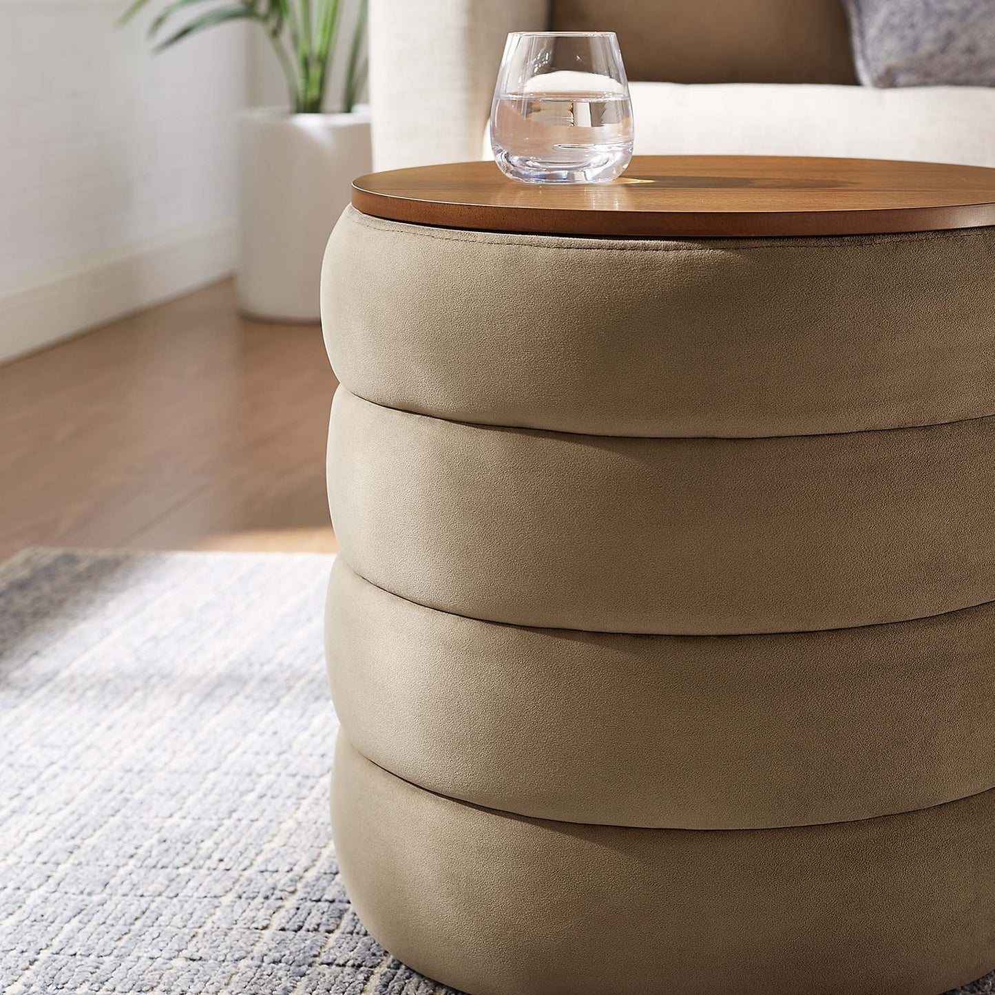 Shuttle Round Performance Velvet Storage Ottoman in Taupe