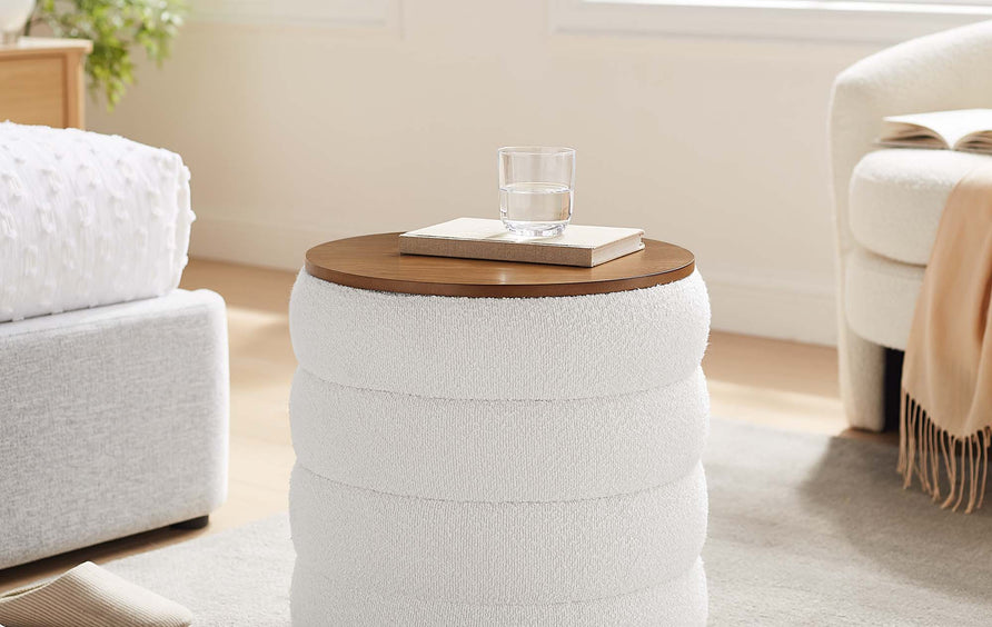 Shuttle Round Boucle Fabric Storage Ottoman in Cloud