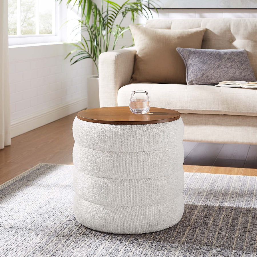 Shuttle Round Boucle Fabric Storage Ottoman in Cloud