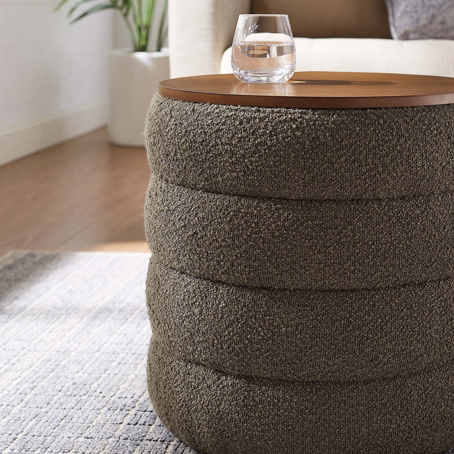 Shuttle Round Boucle Fabric Storage Ottoman in Pebble