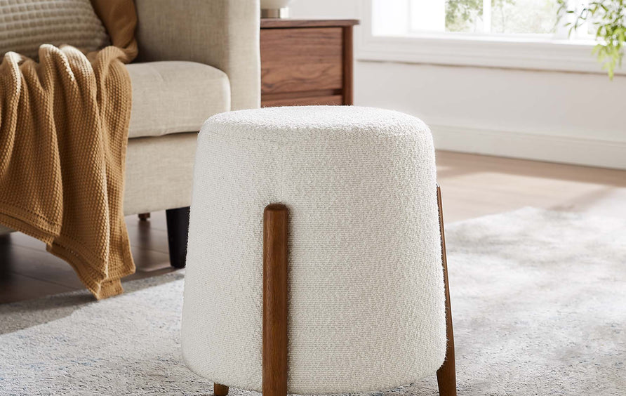 Sneem Upholstered Boucle Fabric Ottoman in Cloud