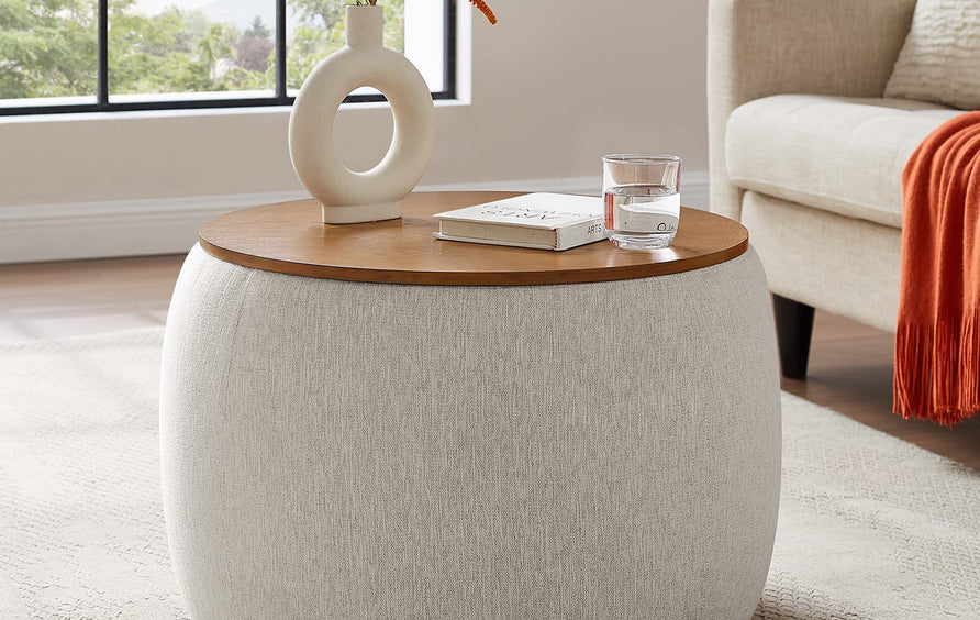 Wynn Woven Heathered Fabric Upholstered Storage Ottoman in Heathered Weave Ivory