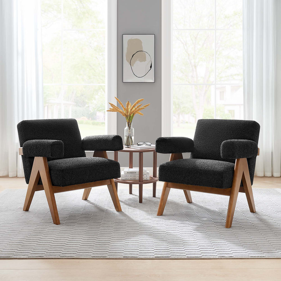 Sable Boucle Fabric Armchair Set of 2 in Black