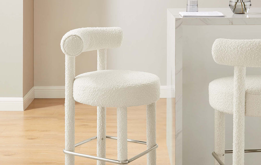Halcyon Boucle Fabric Counter Stool Set of 2 in Ivory Silver