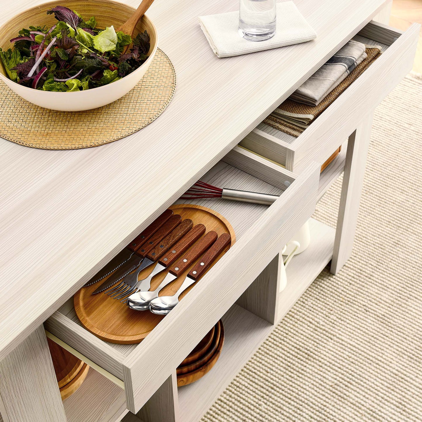 Cudillero 3-Piece Kitchen Island and Stool Set in White Maple