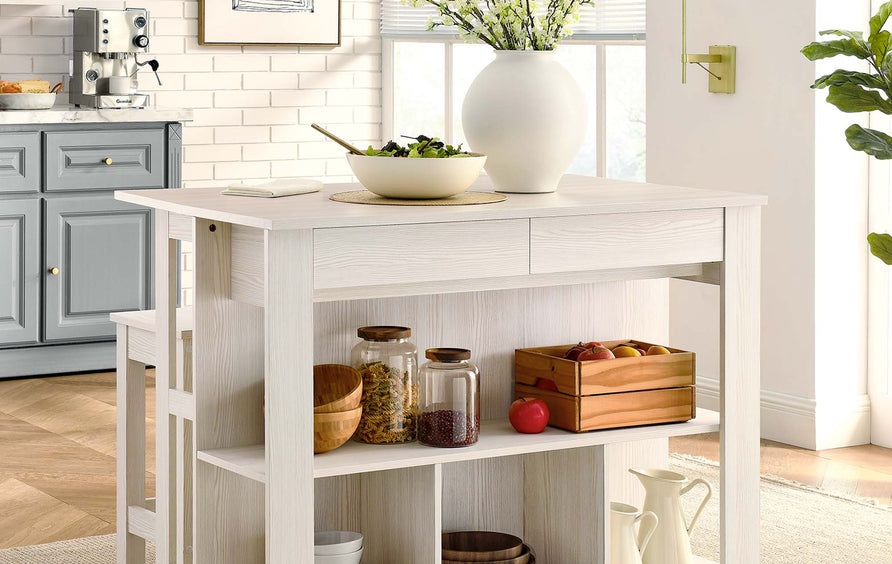 Cudillero 3-Piece Kitchen Island and Stool Set in White Maple
