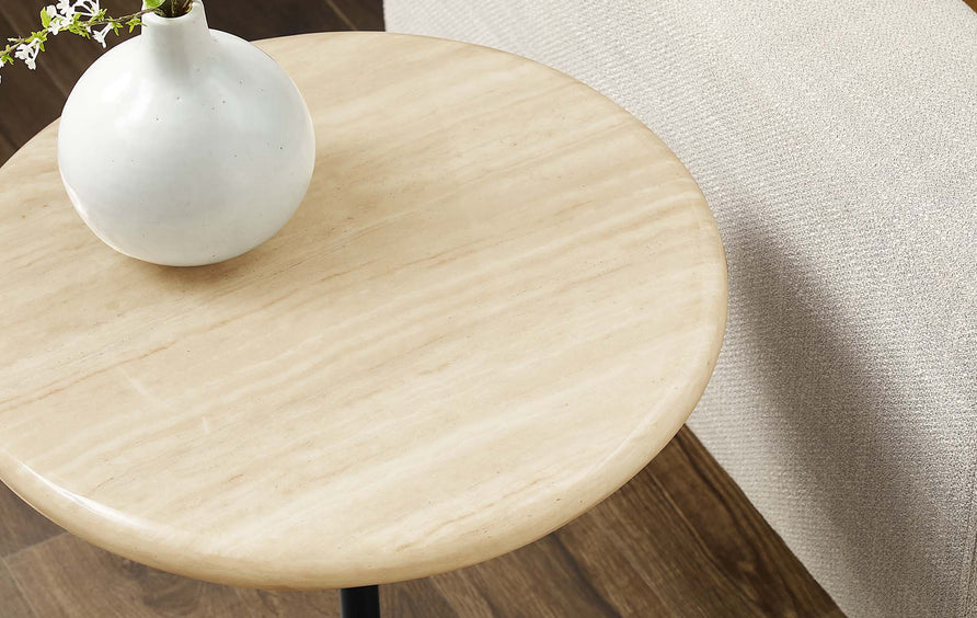 Lumen 20" Round Faux Travertine Side Table in Black Travertine