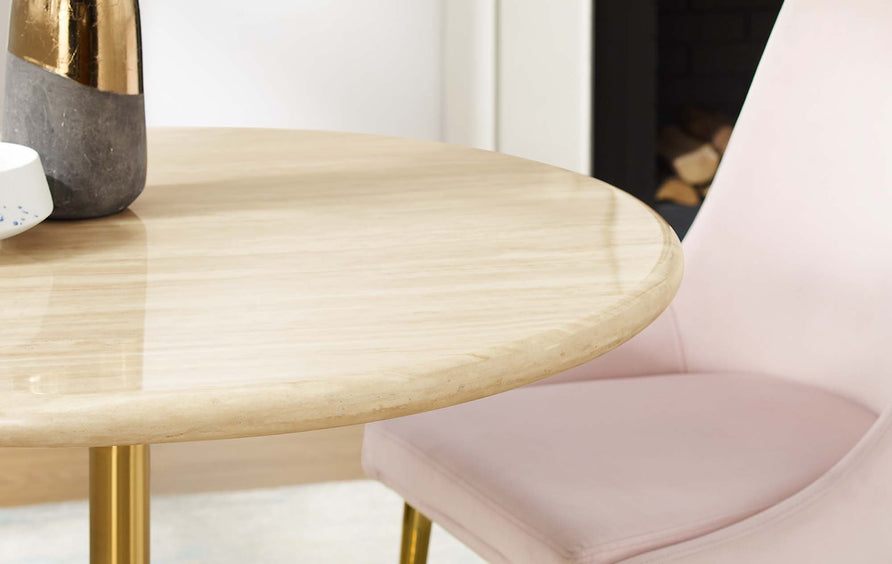 Lumen 36" Round Faux Travertine Dining Table in Gold Travertine