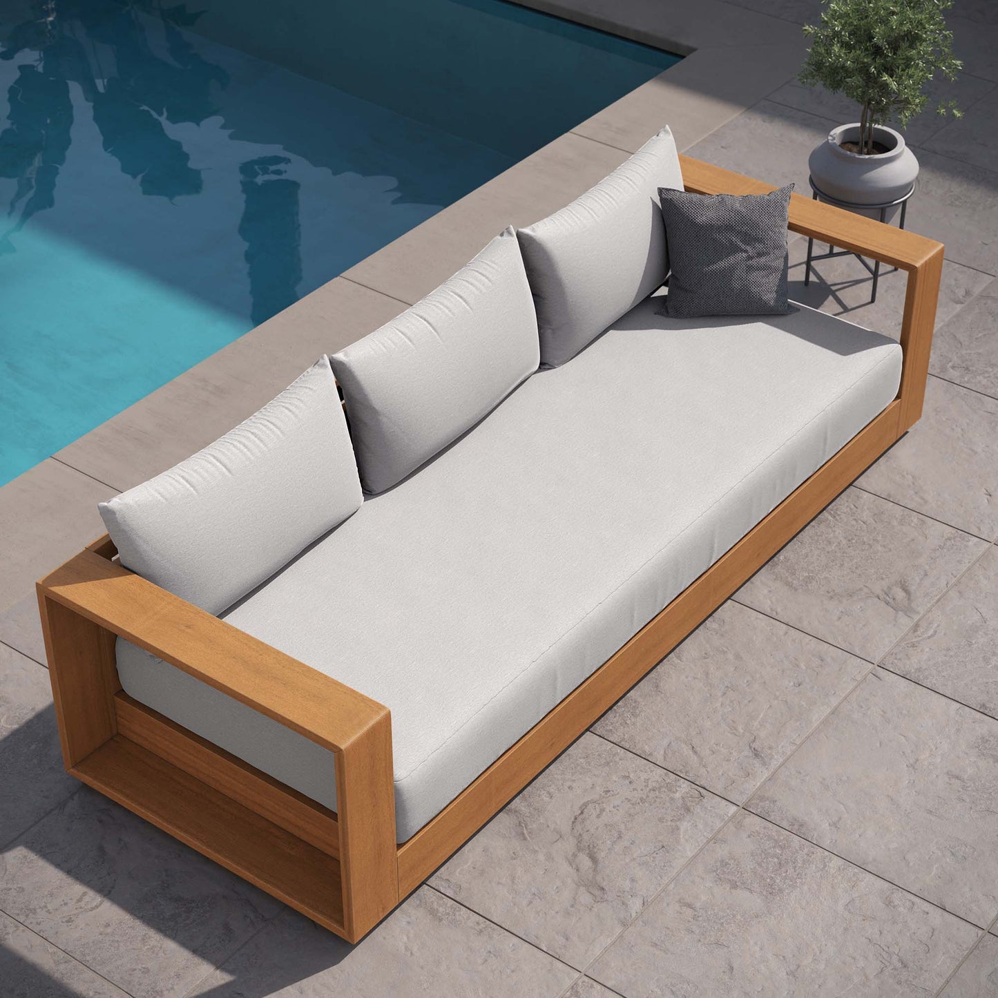 Aspen Outdoor Patio Acacia Wood Sofa in Natural Light Gray