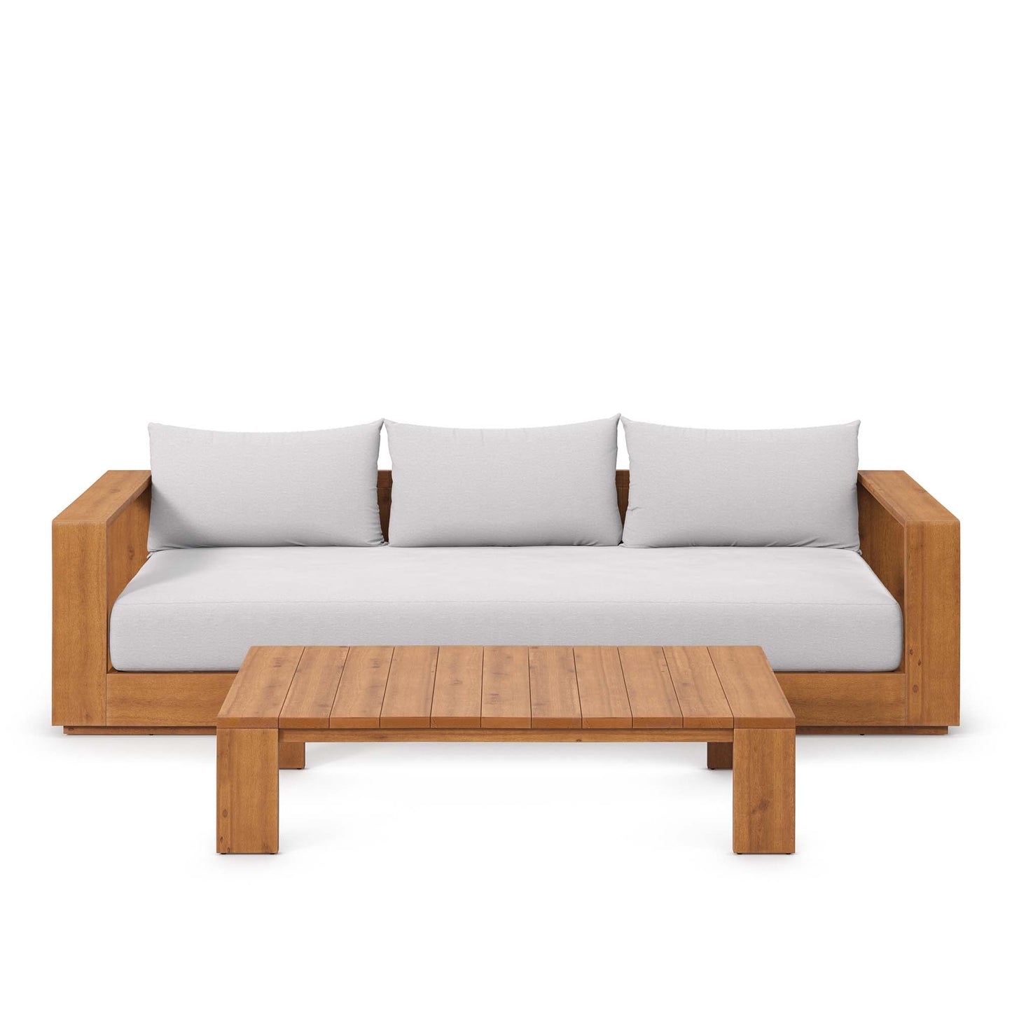 Aspen 2-Piece Outdoor Patio Acacia Wood Sofa and Coffee Table Set in Natural Light Gray