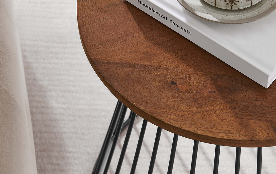 Malmo Round Wood and Metal Side Table in Walnut