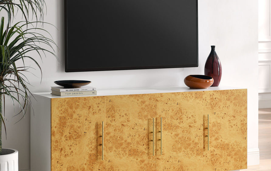 Russet 69 Inch Burl Wood Sideboard Buffet TV Stand in White Bleached Burl