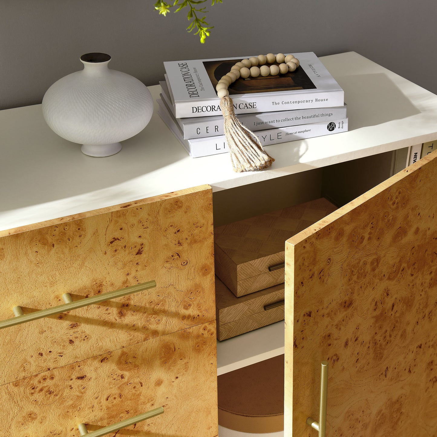Russet 59 Inch Burl Wood Sideboard Buffet TV Stand in White Bleached Burl