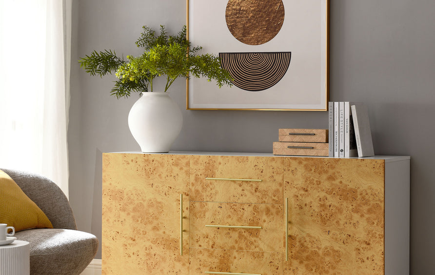 Russet 59 Inch Burl Wood Sideboard Buffet TV Stand in White Bleached Burl